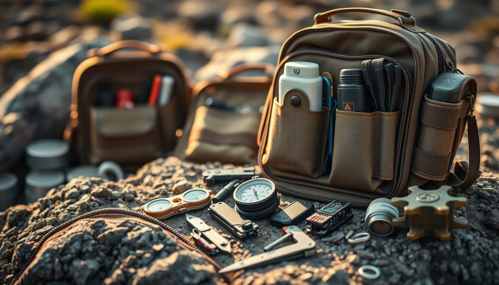 A highly detailed, meticulously organized tactical bug out bag sits atop a rugged, natural surface. In the foreground, the bag's contents are clearly visible - a compass, a multi-tool, a fire starter, a water filter, and other essential survival gear. The middle ground features additional pouches and compartments, each containing specialized tools and supplies. In the background, the scene is bathed in warm, natural lighting, creating a sense of preparedness and self-reliance. The overall mood is one of intentional, thoughtful organization, reflecting the careful consideration that goes into curating the ultimate bug out bag.