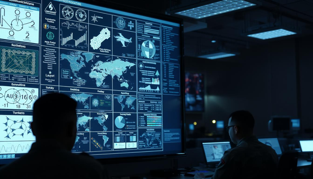 A highly detailed military communication plan displayed on a large digital screen. In the foreground, various tactical symbols, maps, and data visualizations are presented in a precise, organized manner. The middle ground shows military personnel intently studying the screen, their faces illuminated by the soft, ambient lighting. In the background, a dimly lit command center with advanced computer terminals and monitoring equipment creates a sense of urgency and strategic importance. The overall scene conveys a mood of diligence, preparation, and the weight of crucial decisions in the face of potential conflict.