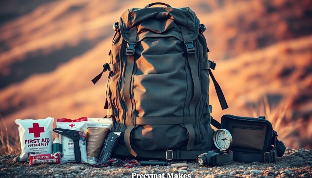 A large, rugged backpack sits in the center of the frame, its various compartments and straps visible. Neatly arranged around it are essential survival items: a compact first-aid kit, a multi-tool, a lightweight water filter, a fire-starting kit, a compass, and a headlamp. The backpack is bathed in warm, natural lighting, casting subtle shadows that highlight its robust construction. The background is a blurred, earthy landscape, hinting at the outdoor environment the bag is designed for. The overall mood conveys a sense of preparedness and adventure, reflecting the "Choosing the Right Backpack for Your Bugout Bag" section of the article.