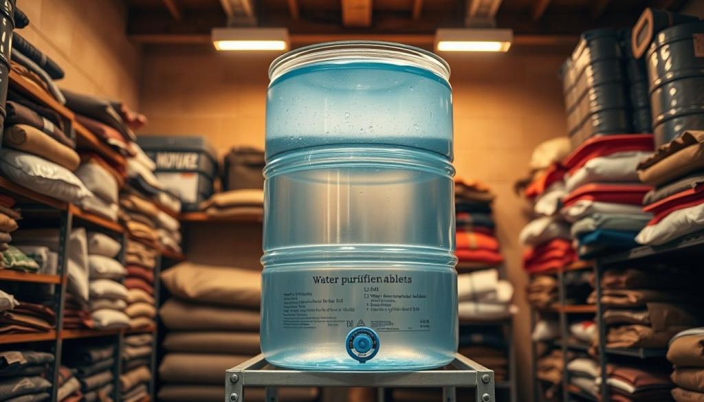 A large, sturdy metal barrel filled with clear, purified water stands in a well-lit, organized storage space. The barrel is placed on a sturdy metal rack, ensuring it is off the ground and easily accessible. The background features neatly stacked supplies, including water purification tablets, emergency blankets, and other survival gear, creating a sense of preparedness and organization. Warm, natural lighting from overhead fixtures casts a subtle glow, highlighting the importance of this long-term water storage solution. The overall scene conveys a sense of reliability, resilience, and readiness for potential emergencies or disasters.