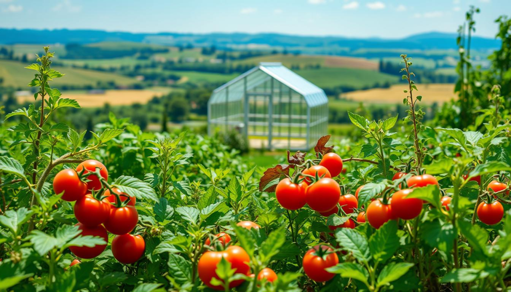 A lush, verdant garden thrives in the foreground, brimming with a diverse array of organic produce - vibrant tomatoes, crisp lettuce, and fragrant herbs. In the middle ground, a serene greenhouse stands, its glass panels glimmering in the soft, natural light. Beyond, rolling hills and a distant horizon create a picturesque, self-sustaining landscape. The overall scene conveys a sense of harmony, where human ingenuity and the bounty of nature come together to cultivate a sustainable, nourishing food supply. Captured with a wide-angle lens, the image emphasizes the interconnectedness of the elements, inviting the viewer to imagine a future where food security and environmental stewardship go hand in hand.