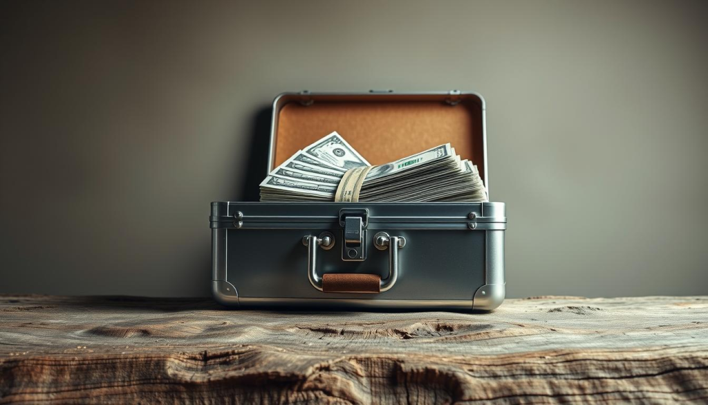 A metal briefcase filled with stacks of US dollar bills rests on a rugged, weathered wooden surface. The briefcase has a sturdy combination lock, conveying a sense of security and preparedness. The bills are crisp and neatly organized, illuminated by a warm, focused light that casts dramatic shadows. In the background, a muted, neutral-toned wall provides a minimalist backdrop, allowing the briefcase and money to be the central focus. The overall mood is one of careful planning, financial responsibility, and the importance of having a financial reserve for unexpected emergencies.