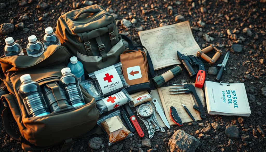 A meticulously arranged collection of essential bug out bag supplies lies on a rugged outdoor surface, illuminated by soft, warm lighting. In the foreground, a sturdy backpack, water bottles, emergency blankets, and a first aid kit stand out in sharp detail. The middle ground features a compass, a multitool, a flashlight, and other crucial survival tools. In the background, a weathered map, a fire starter, and a survival knife create a sense of preparedness and adventure. The overall mood is one of readiness, resilience, and a determination to face any unexpected challenge.