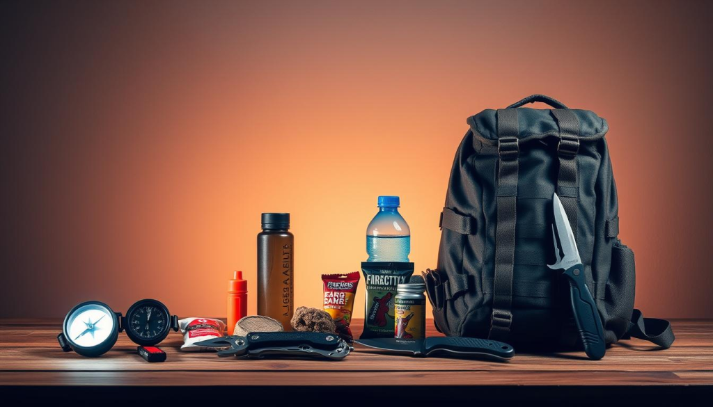 A meticulously arranged collection of essential survival gear against a clean, minimalist backdrop. In the foreground, a sturdy backpack, compass, flashlight, first-aid kit, and multi-tool are neatly displayed. In the middle ground, a water bottle, energy bars, fire starter, and survival knife rest on a simple wooden surface. The background features a muted, monochromatic wall, emphasizing the practicality and functionality of the items. Warm, directional lighting casts subtle shadows, highlighting the textures and details of the bug-out bag essentials. The overall composition conveys a sense of preparedness, efficiency, and a calm, focused atmosphere.