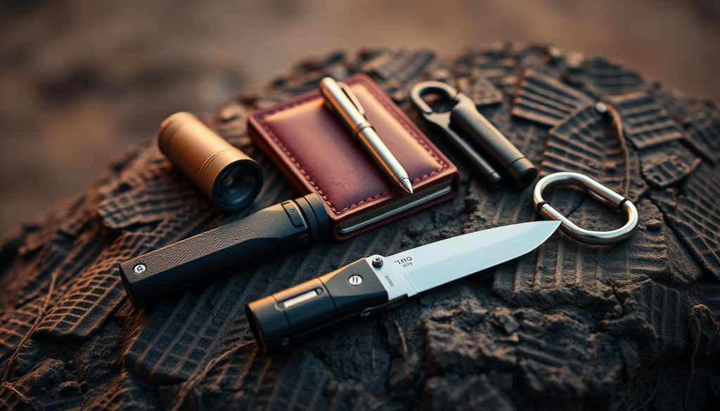 A meticulously arranged collection of everyday carry essentials resting on a rugged, textured surface. In the foreground, a sturdy folding knife, a reliable flashlight, and a compact multi-tool gleam under the warm, focused lighting. In the middle ground, a slim leather wallet, a durable ballpoint pen, and a sleek keychain carabiner create a harmonious composition. The background subtly fades into a muted, natural tone, allowing the essential items to take center stage. The overall scene conveys a sense of preparedness, functionality, and a minimalist, utilitarian aesthetic.