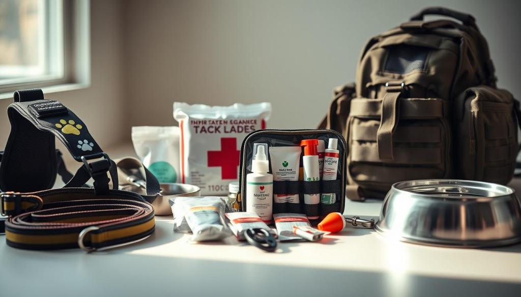 A meticulously crafted still life of essential dog safety gear, bathed in soft, natural lighting. In the foreground, a sturdy harness, reflective leash, and sturdy paw-print-patterned life jacket. The middle ground features a first-aid kit with bandages, antiseptic, and emergency supplies. In the background, a rugged tactical backpack and heavy-duty dog bowl. The overall atmosphere conveys a sense of preparedness and reliability, with a muted color palette and clean, minimalist composition.