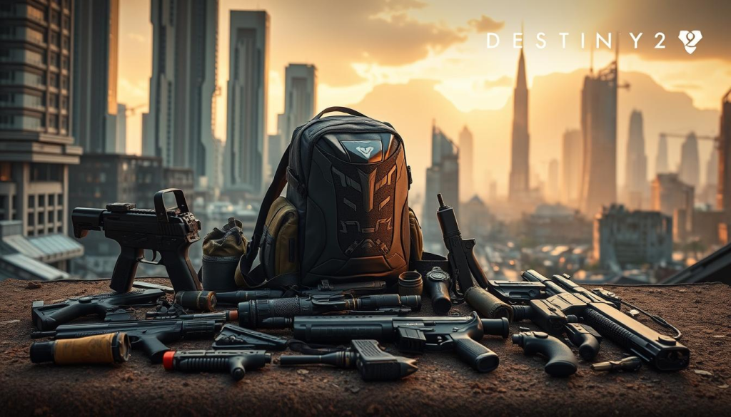 A meticulously curated Destiny 2 bug out bag, strategically arranged against a backdrop of futuristic urban ruins. In the foreground, an array of specialized equipment - advanced weaponry, survival tools, and tactical gear - laid out with precision. The middle ground features a sleek, high-tech backpack, its intricate design hinting at its versatility and durability. In the distance, a dystopian cityscape of towering skyscrapers and crumbling infrastructure, bathed in a warm, amber-hued lighting that evokes a sense of impending danger and the need for preparedness. The overall atmosphere conveys a balanced blend of functionality, tactical prowess, and the resilience required to navigate the challenging environments of the Destiny 2 universe.