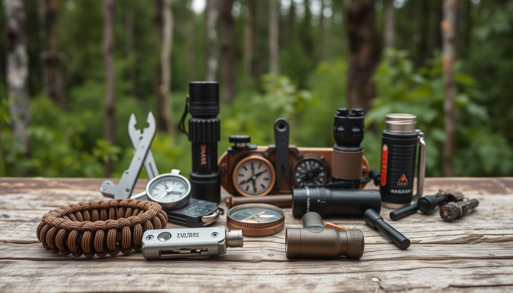 A meticulously curated array of rugged, versatile bug-out accessories lies against a backdrop of an off-grid wilderness setting. In the foreground, a sturdy paracord bracelet, a multi-tool, and a tactical flashlight stand ready to assist in any emergency. In the middle ground, a durable compass, a fire-starting kit, and a survival whistle suggest preparedness for outdoor challenges. The background features a weathered wooden surface, complemented by the muted tones of a lush, overgrown forest, conveying a sense of self-reliance and resilience in the face of the unknown.