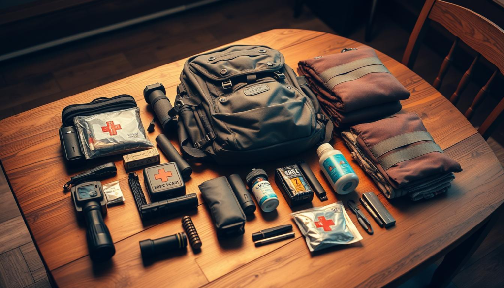 A meticulously curated bug out bag, its contents laid out on a sturdy wooden table, showcasing the thoughtful customization. Warm, natural lighting casts a cozy glow, highlighting the array of survival gear - a rugged backpack, tactical flashlight, first-aid kit, water filtration system, and emergency blankets. The composition balances functionality and aesthetics, inviting the viewer to imagine the bag's versatility and preparedness for any wilderness scenario. A sense of calm confidence permeates the scene, suggesting the owner's mastery of their survival kit.