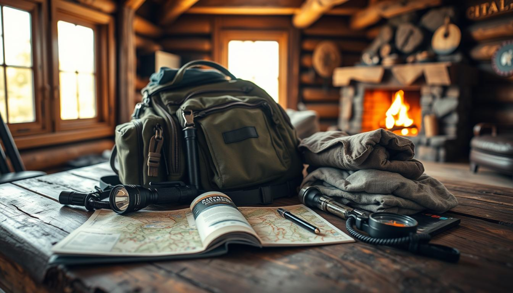 A meticulously curated bug out bag sits on a rugged wooden table, its contents spilled out in an organized display. A tactical flashlight, a multi-tool, emergency blankets, and water filtration system catch the warm, golden light from a window. In the middle ground, an outdoor survival guide and a compass lie next to a detailed map. The background features a rustic cabin interior, with exposed wooden beams and a cozy fireplace glow. The overall scene conveys a sense of preparedness, adventure, and a connection to the natural world.