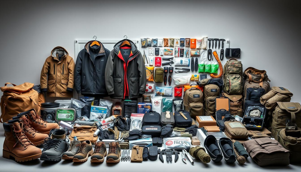 A meticulously curated catalog of essential bug out bag items, showcased in a clean, well-lit studio setting. In the foreground, a range of practical clothing and personal gear, including sturdy boots, durable outerwear, and versatile base layers. In the middle ground, neatly organized medical supplies, survival tools, and emergency kits. The background features a subtle, minimalist backdrop, allowing the products to take center stage. The overall mood is one of preparedness and efficiency, with a focus on the functionality and utility of the displayed items.