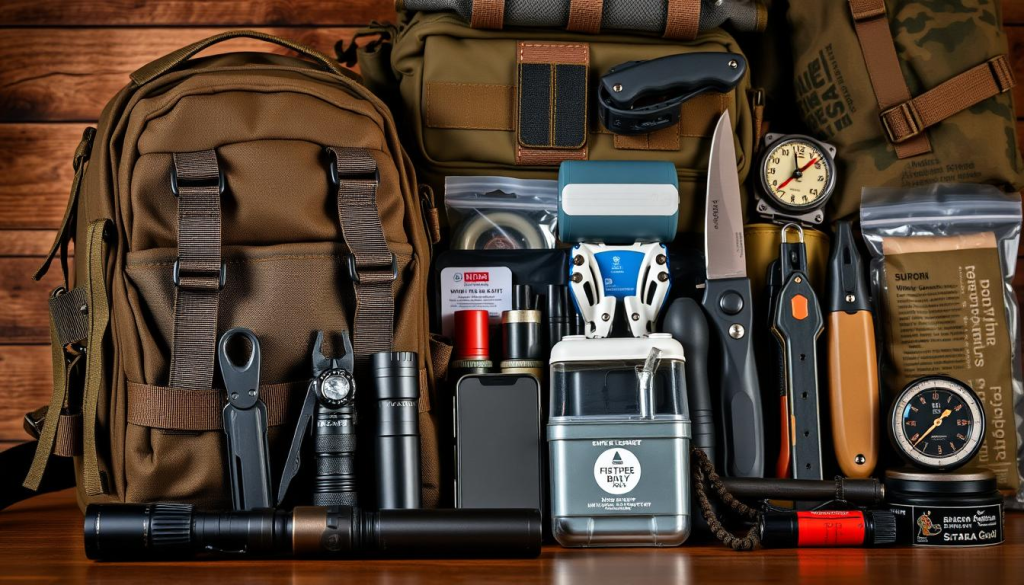 A meticulously curated collection of essential gear for the ultimate bug-out bag. In the foreground, a sturdy tactical backpack with reinforced straps and pockets for efficient organization. Beside it, a rugged multi-tool, a reliable flashlight, and a high-capacity power bank. In the middle ground, a compact first-aid kit, a water filter, and a weatherproof fire starter. In the background, a military-grade compass, a survival knife, and a durable emergency blanket. The scene is illuminated by warm, directional lighting, capturing the utilitarian essence of the all-purpose bug-out bag. The overall mood is one of preparedness and resilience, ready to face any unexpected challenge.