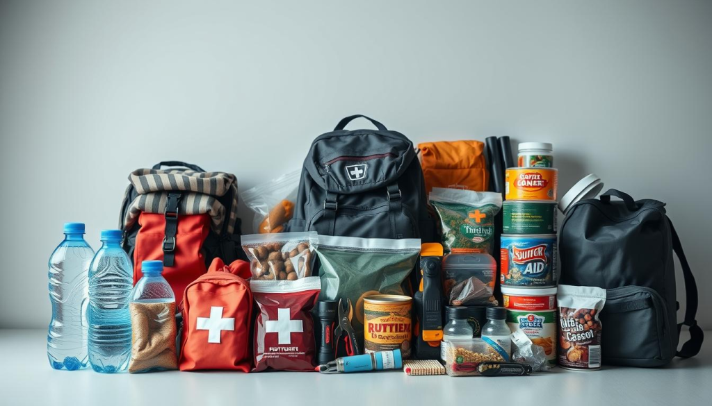 A meticulously curated collection of essential supplies for a family's survival kit, arranged in a well-lit, minimalist composition. In the foreground, a sturdy backpack, water bottles, and a first-aid kit stand ready. The middle ground features a range of camping gear, including a portable stove, flashlights, and a survival blanket. In the background, a selection of non-perishable foods, matches, and a multi-tool provide a sense of preparedness. The overall mood conveys a sense of organization, practicality, and a commitment to safeguarding one's loved ones in times of uncertainty.