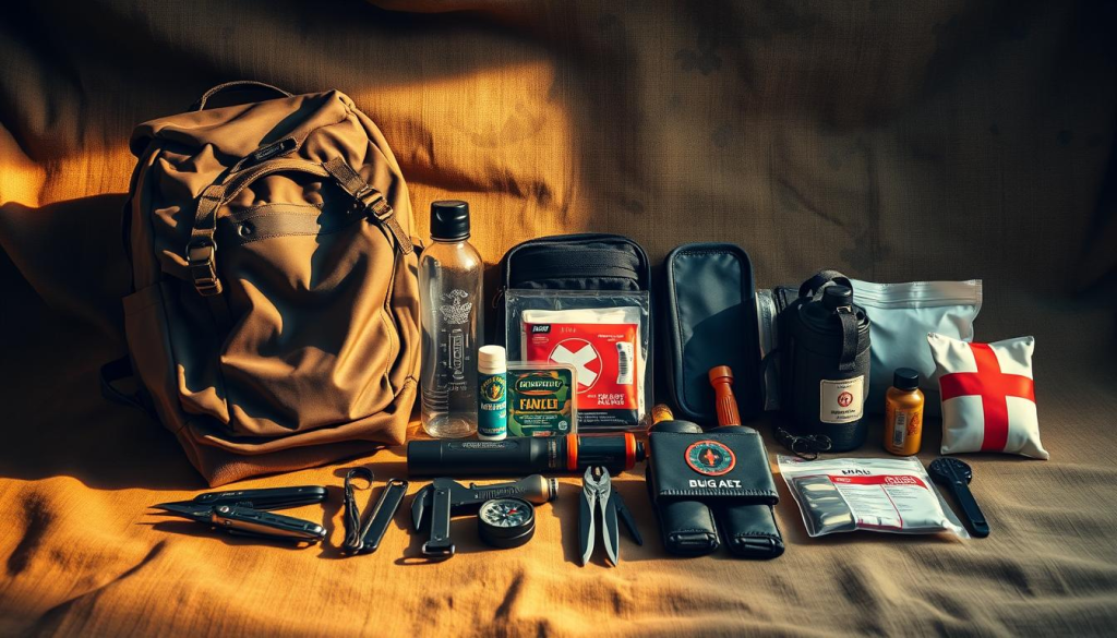 A meticulously curated collection of essential survival gear laid out on a rugged canvas backdrop, illuminated by a warm, natural light that accentuates the textures and colors. In the foreground, a sturdy backpack, water bottle, multi-tool, and fire-starting kit are neatly arranged, conveying a sense of preparedness and practicality. In the middle ground, a compass, flashlight, and first-aid kit stand out, emphasizing the importance of navigation, illumination, and medical care. The background features a subtle pattern of camouflage, hinting at the versatility and adaptability required for a true "bug out" scenario, yet the overall mood remains calm and composed, dispelling common myths of a bug-out bag being overly complex or intimidating.