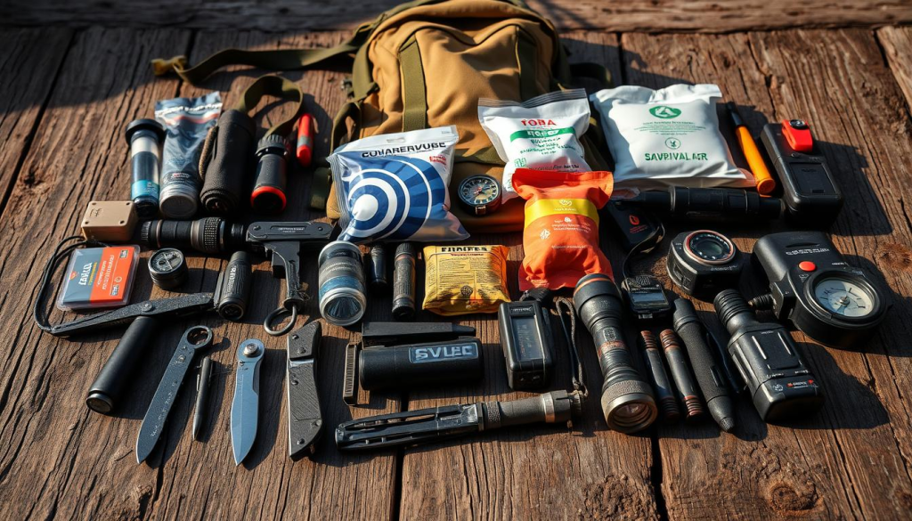 A meticulously curated collection of essential survival gear lays sprawled on a rugged, weathered wooden surface, illuminated by warm, natural lighting. In the foreground, an array of tools and equipment - a compact multi-tool, a sturdy knife, a fire-starting kit, and a high-output flashlight - stand ready for any emergency. The middle ground showcases a durable backpack, a water filtration system, and compact emergency rations, while the background features a weatherproof first-aid kit, a tactical radio, and a compass, all carefully arranged to convey a sense of preparedness and self-reliance. The overall composition exudes a tone of practical utility, emphasizing the importance of a well-stocked "bug out bag" for navigating unexpected challenges.