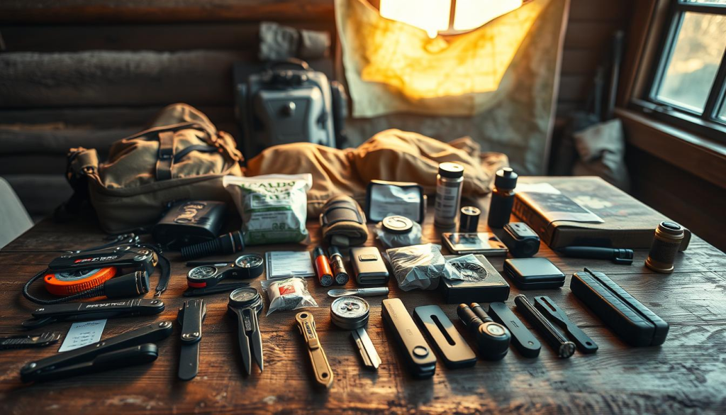 A meticulously curated survival kit laid out on a rugged wooden table, illuminated by warm, natural light filtering through a nearby window. In the foreground, an array of essential items - a sturdy multi-tool, a compass, a fire-starting kit, a water purifier, and a first-aid kit, all neatly organized. In the middle ground, a compact backpack, a sleeping bag, and a tactical flashlight, ready for the unexpected. The background features a map unfolded, hinting at the preparedness and adventurous spirit of the owner. The overall tone is one of determination and self-reliance, reflecting the mindset of those who prioritize being ready for any situation.
