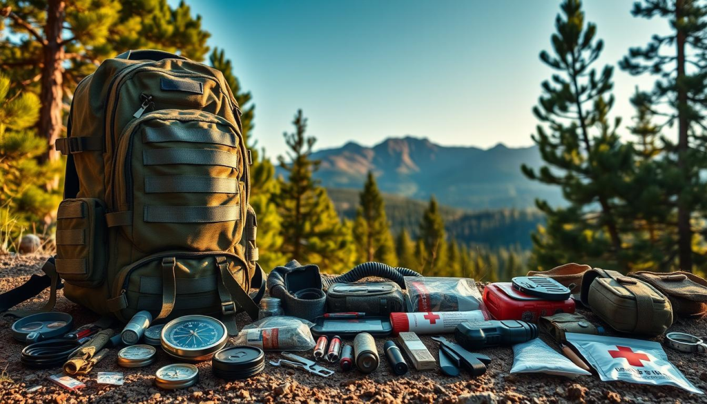A meticulously designed bug out bag with essential survival gear laid out against a rugged, outdoor backdrop. In the foreground, a tactical backpack with MOLLE webbing, reinforced straps, and durable zippers. Scattered around it, a compass, water purifier, fire-starting kit, first-aid supplies, and other emergency tools, all crafted from high-quality materials. In the middle ground, a lush, pine-forested landscape with shafts of warm, golden sunlight filtering through the canopy. In the distance, a majestic mountain range silhouetted against a clear, azure sky. The overall atmosphere conveys a sense of preparedness, resilience, and the ability to thrive in challenging outdoor environments.