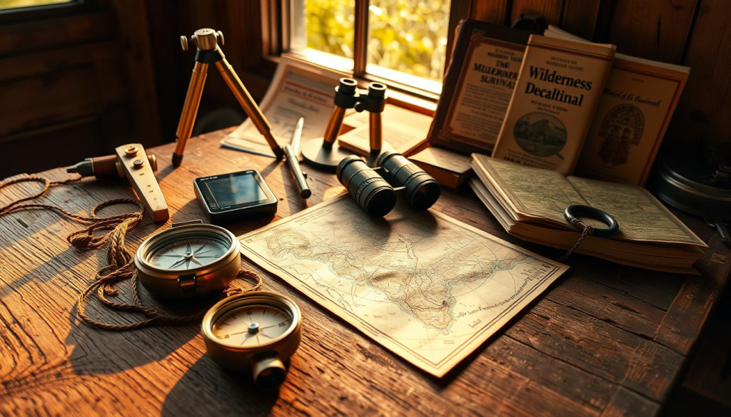 A meticulously detailed array of navigation tools laid out on a rugged wooden surface, bathed in warm afternoon light filtering through a window. In the foreground, a compass, map, and GPS device gleam against the weathered wood. In the middle ground, a sextant, binoculars, and a magnetic declination chart stand ready. In the background, a vintage leather-bound journal and a field guide to wilderness survival complete the ensemble, conveying a sense of preparedness and self-reliance.