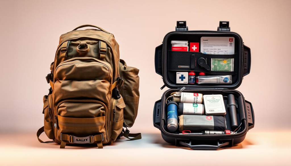 A meticulously detailed dual view of a Bug Out Bag and a Go Kit, sharply contrasted against a neutral background. The Bug Out Bag is a sturdy, well-organized backpack filled with essential survival gear and emergency supplies, while the Go Kit is a compact, modular case containing vital documents, first aid, and personal items. Soft, warm lighting casts an aura of preparedness, the items arranged with military precision. The composition emphasizes the distinct purposes and contents of these two vital emergency kits, guiding the viewer to appreciate their unique roles in disaster readiness.