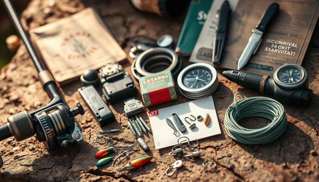 A meticulously detailed emergency fishing kit arranged on a rugged wooden surface, illuminated by a warm, natural light. In the foreground, a sturdy fishing rod, a compact reel, and an assortment of lures, hooks, and sinkers. In the middle ground, a compact multi-tool, a waterproof matchbox, and a coil of durable fishing line. In the background, a compass, a survival knife, and a weathered survival manual, hinting at the kit's purpose for outdoor emergencies. The overall composition conveys a sense of preparedness and the ability to overcome unexpected challenges in the wilderness.
