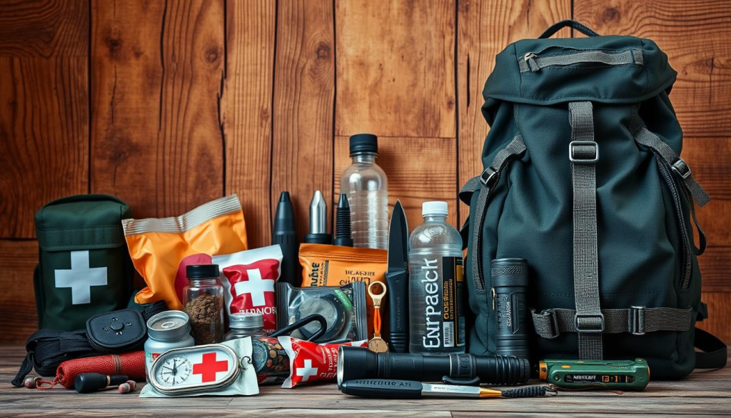 A meticulously organized array of essential survival gear against a rustic wooden backdrop. In the foreground, a sturdy backpack, compass, emergency blanket, and first aid kit. In the middle ground, a flashlight, multi-tool, water bottle, and energy bars. In the background, a tactical knife, fire starter, and survival whistle. Warm, natural lighting casts a rugged, adventure-ready ambiance. Crisp, high-resolution details bring each item into sharp focus, conveying a sense of preparedness and resilience.
