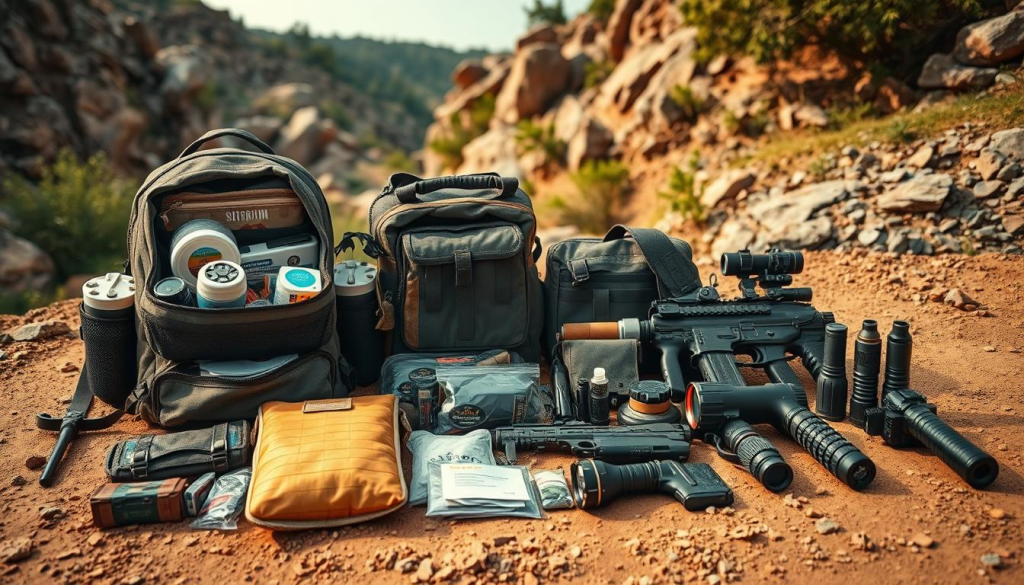 A meticulously organized array of essential survival gear, laid out against a rugged, earthy backdrop. In the foreground, a sturdy backpack, its compartments brimming with carefully curated supplies - water filtration system, fire-starting kit, survival knife, emergency blankets, and more. The middle ground features a collection of tactical tools and personal protection items, including a tactical flashlight, first-aid kit, and defensive equipment. In the background, a natural landscape of rocky terrain and lush foliage, evoking a sense of preparedness for the unpredictable. Warm, natural lighting casts a soothing glow over the scene, conveying a sense of readiness and self-reliance.