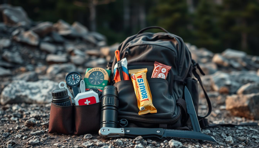 A meticulously organized array of essential survival gear, laid out against a rugged, outdoor backdrop. In the foreground, a compact yet durable backpack, its pockets bulging with carefully selected items - a compass, a multi-tool, a first-aid kit, and a fire-starting kit. In the middle ground, a water filter, a high-calorie energy bar, and a folding knife glint in the soft, natural lighting. In the background, a shadowy forest looms, hinting at the unpredictable nature of the wilderness, underscoring the importance of this well-curated bug-out bag.