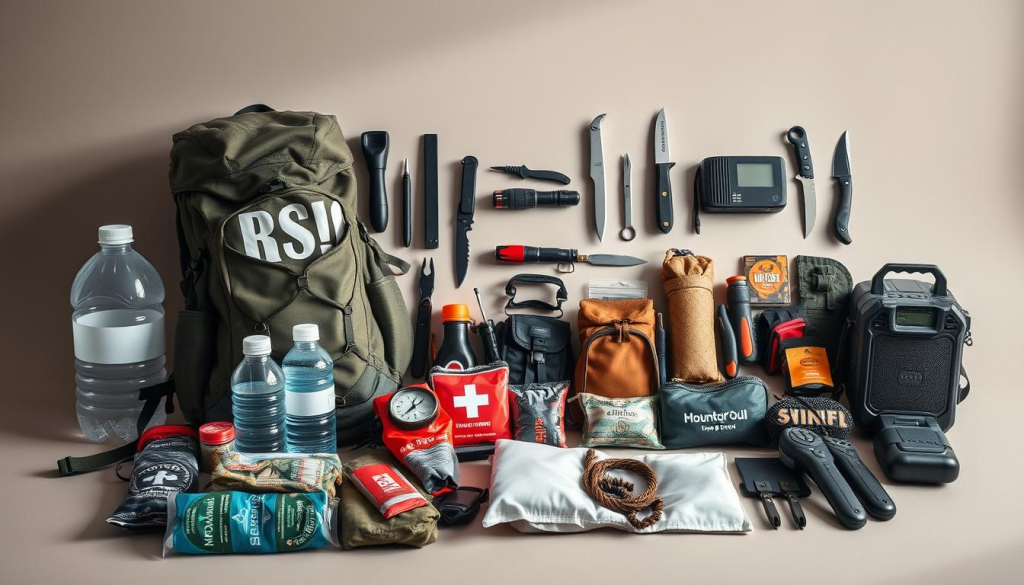 A meticulously organized array of essential survival gear lies against a neutral background, illuminated by soft, natural lighting. In the foreground, a sturdy backpack, water bottles, a compass, and a first aid kit are prominently displayed. In the middle ground, a multi-tool, a flashlight, a fire starter, and a thermal blanket are neatly arranged. The background features a knife, a water filter, a map, and a portable radio, all of which contribute to the comprehensive nature of this bug-out bag setup. The overall composition conveys a sense of preparedness, practicality, and attention to detail, perfectly capturing the core components of an essential bug-out bag.