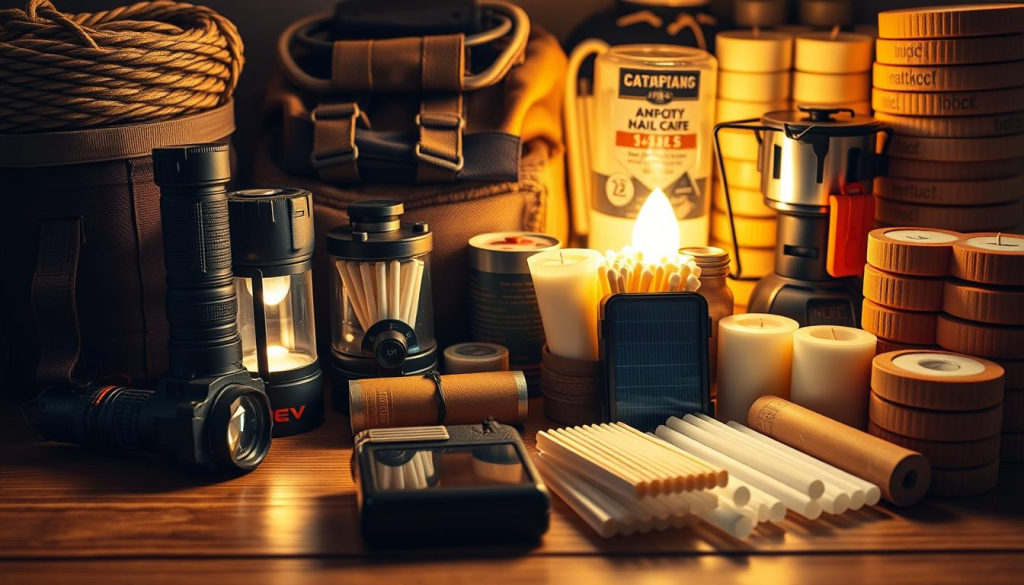 A meticulously organized assortment of essential lighting supplies for a Bug Out Bag, captured in a high-resolution, cinematic photograph. In the foreground, a rugged tactical flashlight, a compact lantern, and a weatherproof matchbox. In the middle ground, a set of glow sticks and a solar-powered power bank. The background features a coil of paracord, a small camping stove, and a stack of long-lasting candles. The scene is bathed in a warm, amber-toned lighting, evoking a sense of preparedness and self-reliance for any emergency situation. The composition is balanced, the focus is sharp, and the overall mood is one of practical functionality and adventure-ready resilience.