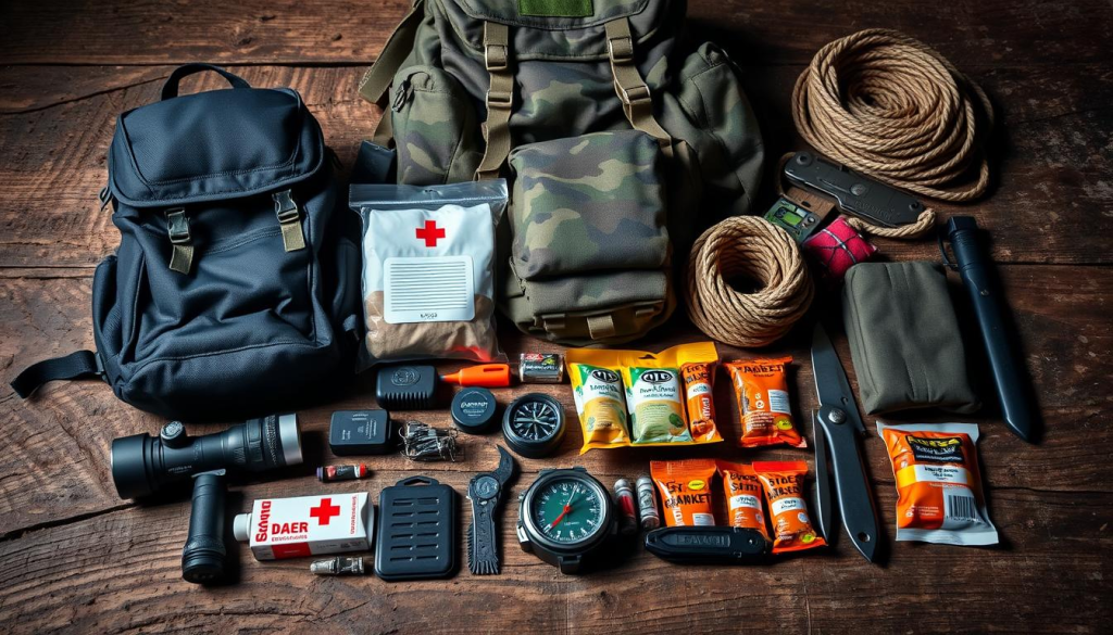 A meticulously organized assortment of essential survival gear laid out on a rugged, weathered wooden surface. In the foreground, a compact backpack, flashlight, multitool, water purifier, and first-aid kit are neatly arranged. In the middle ground, a compass, firestarter, survival blanket, and energy bars are carefully displayed. The background features a camouflage-patterned military-style backpack, a coil of sturdy rope, and a durable folding knife. Soft, directional lighting illuminates the scene, casting subtle shadows and highlighting the practical, well-thought-out nature of the bug-out bag's contents.
