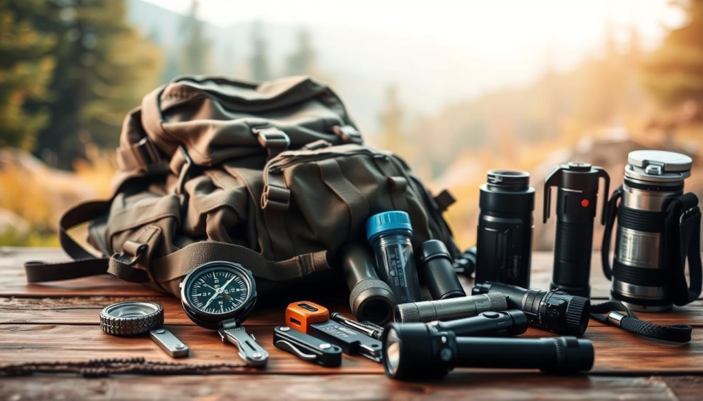 A meticulously organized bug out bag lies on a rustic wooden table, the contents neatly arranged in the foreground. A rugged, military-style backpack serves as the centerpiece, surrounded by an array of essential survival gear - a compass, a multi-tool, a fire starter, a water filter, and a tactical flashlight. The background features a subtly blurred wilderness scene, suggesting the bag's purpose of preparedness for outdoor emergencies. The lighting is soft and natural, casting a warm glow over the scene, conveying a sense of utility and readiness. The overall mood is one of practical, no-nonsense preparedness, perfectly suited for the "Tools and Gear for Survival" section of the article.