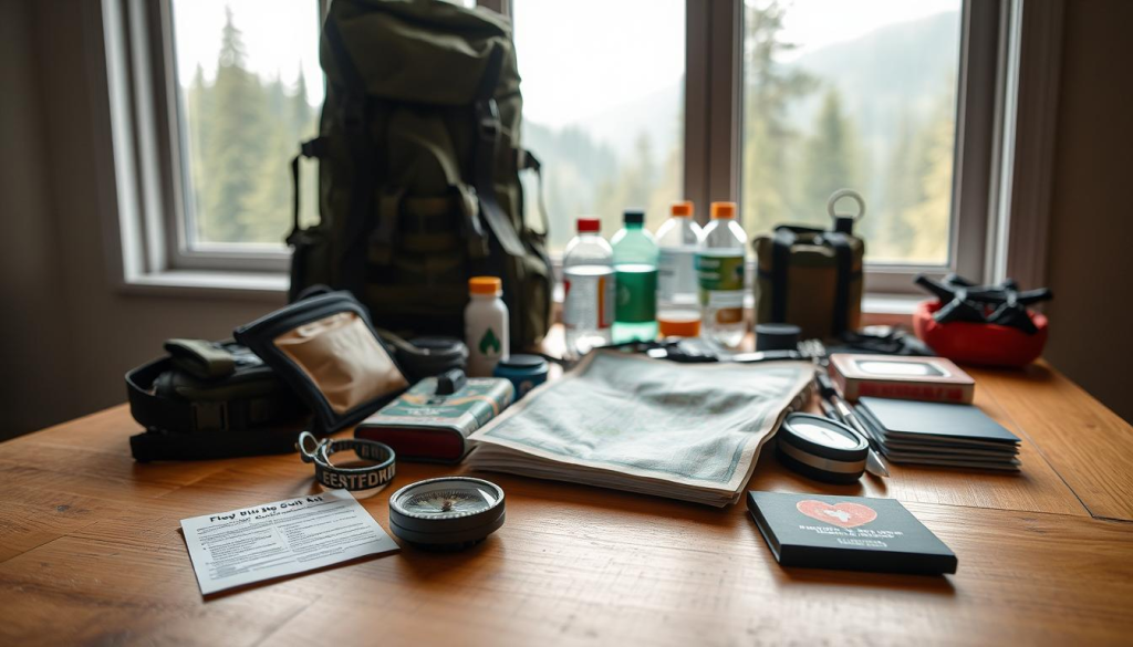 A meticulously organized bug out bag sits on a wooden table, its contents neatly arranged and labeled. In the foreground, a compass, a first-aid kit, and a map are prominently displayed, signifying the essential tools for navigation and survival. The middle ground features a backpack, water bottles, and various outdoor gear, all carefully selected for different scenarios. In the background, a window offers a glimpse of a serene, forested landscape, conveying a sense of preparedness and connection to the natural world. The lighting is soft and natural, creating a calming atmosphere that reflects the thoughtful planning and attention to detail in the bug out bag.