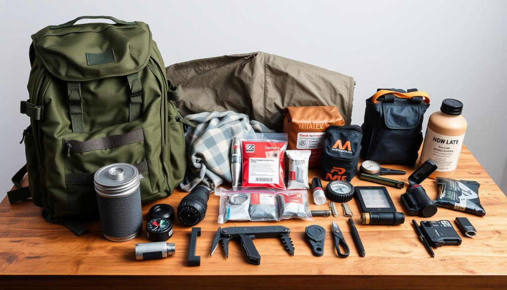 A meticulously organized collection of essential survival gear for a bug out bag, arranged on a sturdy wooden table in a well-lit studio setting. In the foreground, a rugged tactical backpack, a compact water filter, and a multi-tool with various attachments. In the middle ground, a lightweight tarp, a fire starter kit, and a first-aid kit with medical supplies. In the background, a compass, a signaling mirror, and a high-powered flashlight. The scene exudes a sense of preparedness and functionality, with a neutral color palette and clean, minimalist styling to showcase the utility of the items.