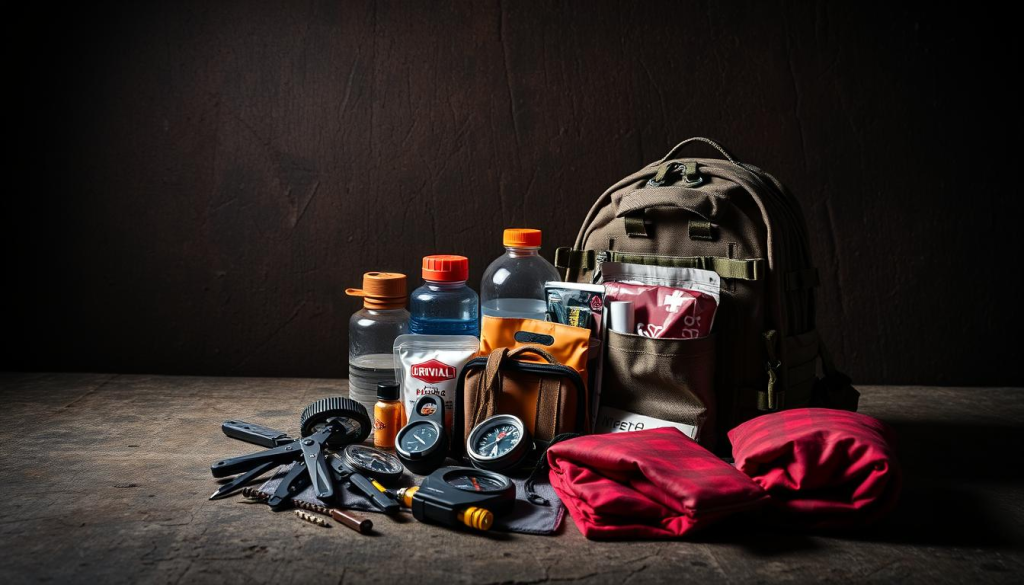 A meticulously organized display of essential bug out bag items against a dimly lit, rugged background. In the foreground, a tactical backpack sits open, revealing a neatly arranged assortment of survival gear - a multi-tool, compass, fire starter, and emergency blanket. In the middle ground, a sturdy water bottle, first aid kit, and emergency rations are positioned. The background showcases a worn, weathered surface, evoking a sense of preparedness and resilience. Dramatic side lighting casts dramatic shadows, heightening the sense of urgency and functionality. The overall composition conveys the importance of being equipped with the necessary tools and gear for unexpected situations.