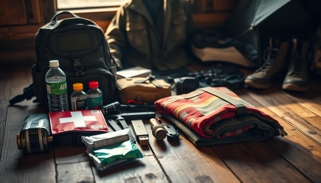 A meticulously organized emergency go bag rests on a sturdy wooden surface, illuminated by warm, natural lighting that casts gentle shadows. In the foreground, a tactical backpack, water bottle, first-aid kit, and emergency blanket are neatly arranged, conveying a sense of preparedness. The middle ground features a compact multi-tool, flashlight, and fire-starting kit, while the background showcases a weatherproof jacket, sturdy boots, and a compact tent, hinting at the shelter options within the bag. The overall atmosphere exudes a balanced combination of functionality, resilience, and a subtle air of adventure, befitting the subject of survival essentials.