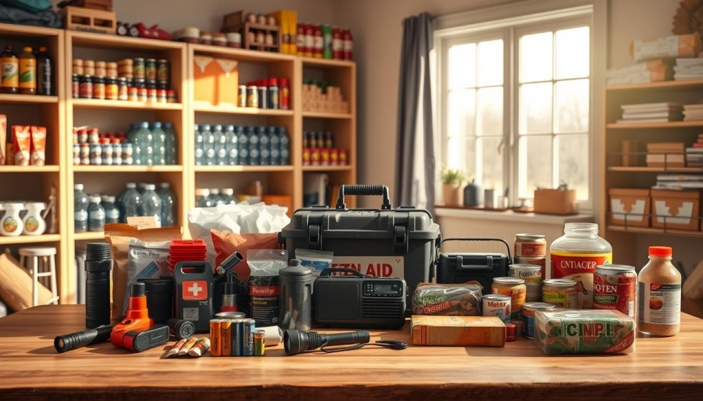 A meticulously organized emergency preparedness checklist, rendered in a warm, inviting color palette. In the foreground, a wooden table displays a neatly arranged assortment of essential supplies: flashlights, batteries, first-aid kits, and emergency food. Behind this, shelves filled with water, canned goods, and other non-perishable items line the walls, casting soft shadows. In the middle ground, a sturdy toolbox and a portable radio sit prominently, conveying a sense of readiness. The background features a large window, allowing natural light to filter in and illuminating the scene with a cozy, domestic atmosphere. The overall composition evokes a sense of preparedness and a commitment to safeguarding one's home environment.