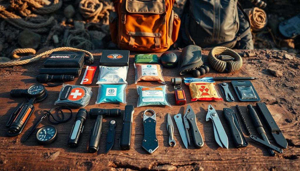 A meticulously organized grid of essential survival gear laid out on a rugged wooden surface, illuminated by warm natural lighting. In the foreground, an array of tactical gear, including a compass, survival knife, flashlight, and fire starter. The middle ground features a first-aid kit, water purification tablets, and a high-quality multi-tool. In the background, a sturdy backpack, rope, and a weatherproof jacket stand ready for the unpredictable challenges of the outdoors. The overall scene conveys a sense of preparedness, resilience, and a commitment to facing the unknown with the right tools and equipment.