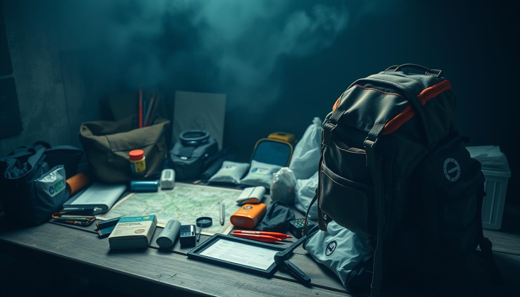 A meticulously planned emergency preparedness setup unfolds in an organized and strategic manner. In the foreground, a sturdy bug-out bag stands ready, its contents carefully curated for survival essentials. In the middle ground, a comprehensive map, compass, and emergency supplies are neatly arranged, conveying a sense of readiness and control. The background features a dimly lit, moody atmosphere, evoking the gravity of the situation while highlighting the importance of advance planning. Dramatic lighting casts dramatic shadows, emphasizing the thoughtful preparation. A wide-angle lens captures the entire scene, conveying the comprehensive nature of the emergency preparedness plan.