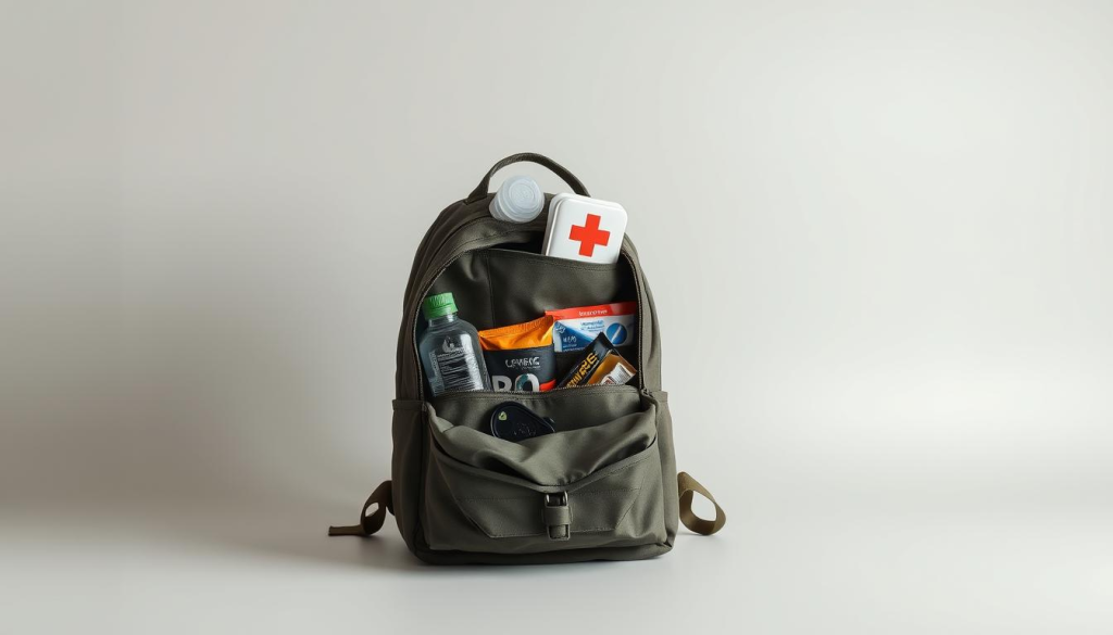 A minimalist bug out bag set against a clean, neutral background. The bag is a simple, unadorned backpack in muted tones of gray, black, or olive drab. The interior contents are neatly organized and visible, including a compact multi-tool, water bottle, energy bars, and a basic first aid kit. Soft, even lighting illuminates the scene, creating a sense of calm preparedness. The overall composition emphasizes functionality, efficiency, and a pared-down aesthetic, reflecting the practical nature of a minimalist survival kit.