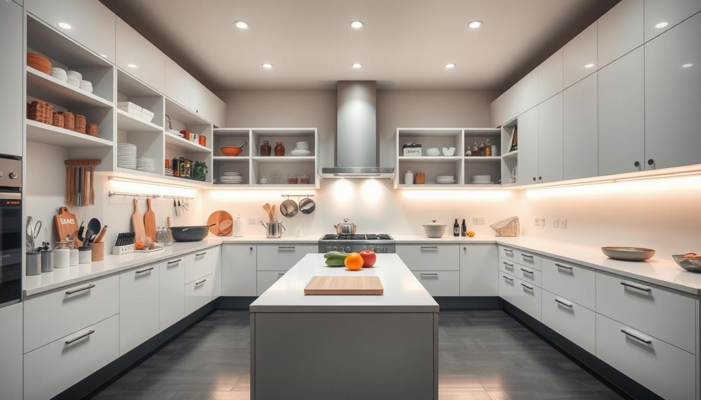 A modern, well-organized kitchen with sleek, minimalist cabinetry in a soft, neutral palette. Shelves and drawers brimming with neatly arranged cooking utensils, spices, and essential ingredients. A central island with a cutting board and a few vibrant, fresh produce items. Soft, even lighting from recessed ceiling fixtures, casting a warm, inviting glow. The scene conveys a sense of efficiency, simplicity, and a place primed for productive meal preparation.