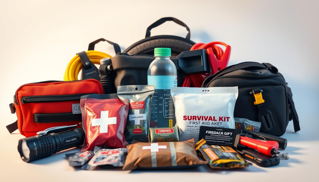A neatly arranged assortment of essential car survival kit items against a clean, bright background. In the foreground, a high-quality flashlight, a compact multi-tool, and a well-stocked first aid kit. In the middle ground, a rugged emergency blanket, a sealable water bottle, and energy bars. In the background, a set of jumper cables, a tire inflator, and a basic toolkit. Soft, warm lighting illuminates the scene, creating a sense of preparedness and reliability. Captured with a crisp, high-resolution camera lens at a slightly elevated angle to showcase the products.
