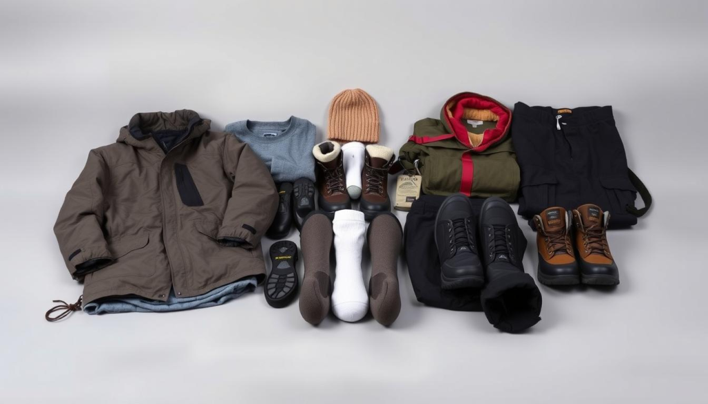 A neatly arranged assortment of essential clothing items for a bugout bag, captured in a clean, well-lit studio setup. In the foreground, a rugged jacket, moisture-wicking base layers, and durable pants rest on a neutral-toned surface. In the middle ground, a pair of weatherproof boots, thick socks, and a warm beanie sit alongside the other garments. The background showcases a minimalist, grey backdrop, highlighting the practical and versatile nature of the clothing essentials. The overall composition conveys a sense of preparedness and functionality, suitable for the "Clothing Essentials to Consider" section of the "Build the Perfect Bugout Bag" article.