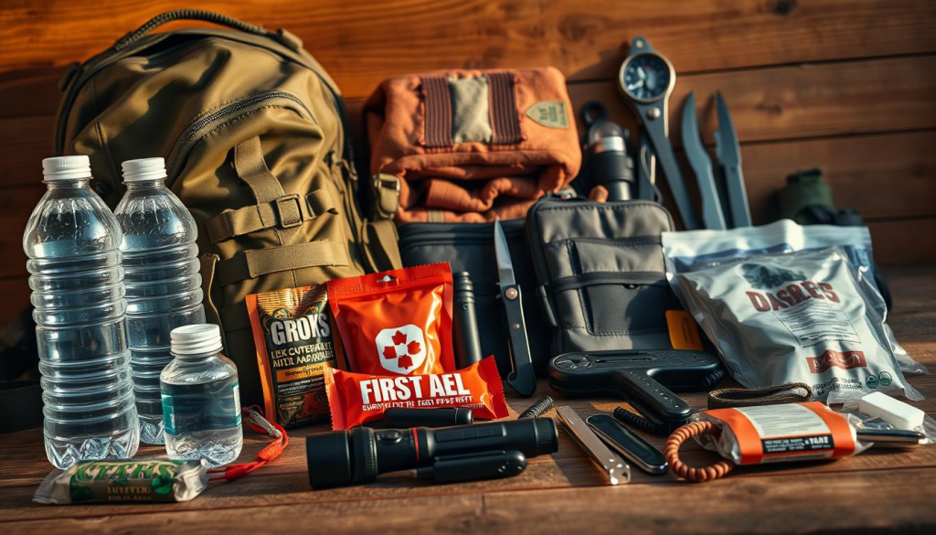 A neatly arranged assortment of essential survival gear on a wooden surface, illuminated by warm, natural lighting. In the foreground, a sturdy backpack, water bottles, and high-calorie energy bars. In the middle ground, a tactical flashlight, multi-tool, first-aid kit, and emergency blanket. In the background, a compass, survival knife, and fire-starting kit. The overall mood is one of preparedness and self-reliance, conveying the importance of having a well-stocked bug-out bag for various emergency scenarios.