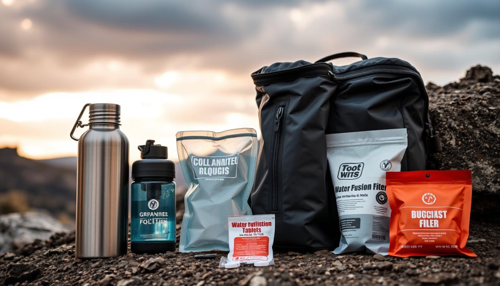 A neatly arranged assortment of hydration solutions for a bug out bag, including a stainless steel water bottle, a collapsible water pouch, a portable water filter, and water purification tablets, set against a rugged, naturalistic backdrop with subtle warm lighting from an overcast sky, conveying a sense of preparedness and resilience.