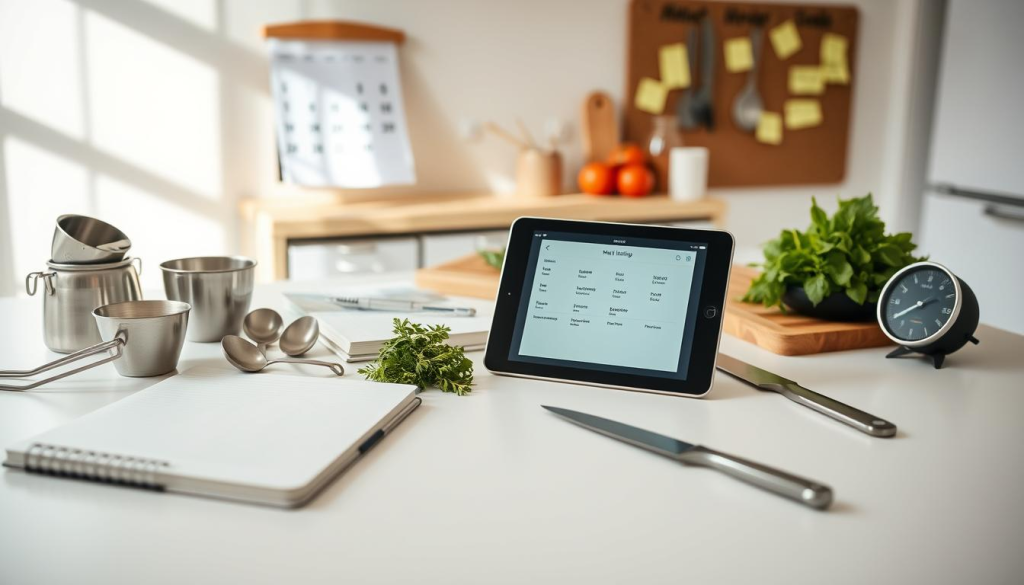 A neatly arranged assortment of meal planning tools on a minimalist white table, bathed in soft, natural lighting. In the foreground, a meal prep notebook, a set of measuring cups and spoons, and a sleek kitchen timer. In the middle ground, a tablet displaying a digital meal planning app, surrounded by fresh herbs, a cutting board, and a sharp chef's knife. In the background, a simple wall calendar and a corkboard with sticky notes, hinting at a well-organized kitchen. The overall mood is one of efficiency, organization, and a dedication to thoughtful meal preparation.