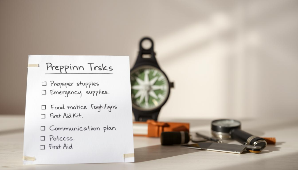 A neatly arranged checklist against a clean, minimalist background, lit by soft, natural lighting. In the foreground, a crisp, white sheet of paper with handwritten bullet points outlining essential prepping tasks - food storage, emergency supplies, first aid kit, communication plan. In the middle ground, various preparedness items such as a compass, flashlight, and survival knife are placed strategically. The background features a subtle, blurred pattern suggestive of a home or office setting, conveying a sense of organization and practicality. The overall mood is one of focused, methodical planning - a visual guide for the beginner prepper to create their own comprehensive preparedness plan.