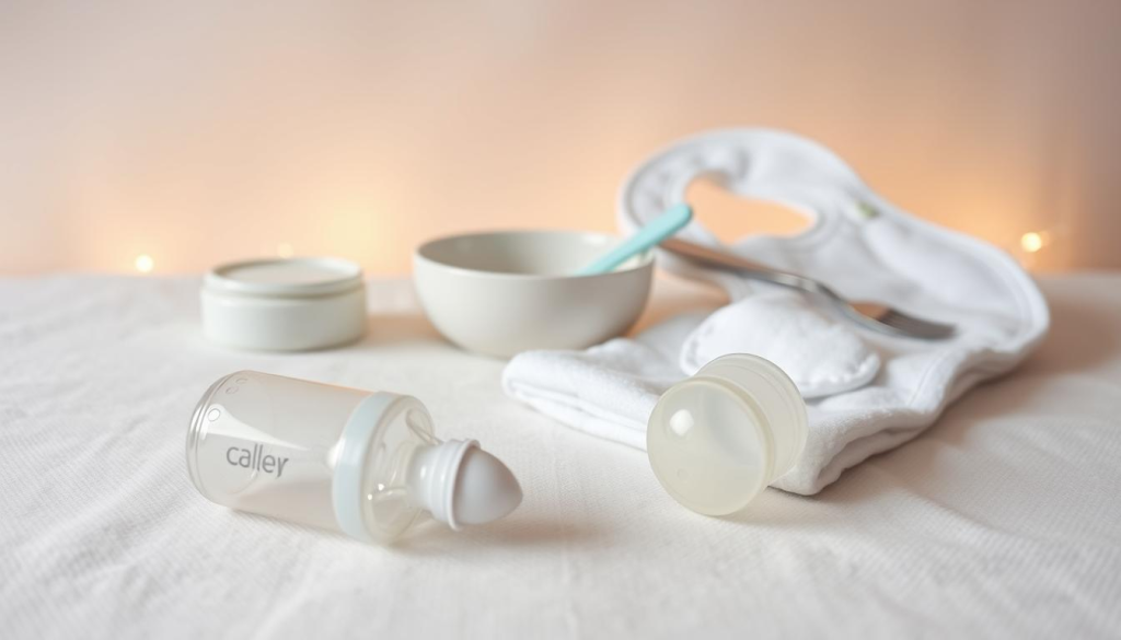 A neatly arranged collection of baby feeding supplies on a soft, textured surface. In the foreground, a baby bottle, pacifier, and small feeding spoon are artfully displayed. In the middle ground, a baby bowl and fork rest beside a burp cloth and bib. The background features a clean, neutral-toned backdrop, with gentle, warm lighting illuminating the scene. The overall mood is calm, organized, and focused on the essentials for nurturing a newborn.