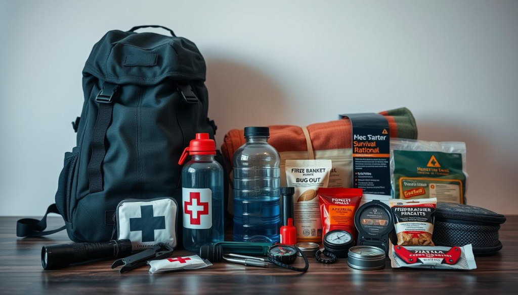 A neatly arranged collection of essential bug out bag items against a clean, well-lit backdrop. In the foreground, a sturdy backpack, a first aid kit, a flashlight, and a multi-tool. In the middle ground, a water bottle, a fire starter, and a compass. In the background, a thermal blanket, a pocket-sized survival manual, and a set of emergency rations. The overall atmosphere conveys a sense of preparedness and organization, with a focus on the key components needed for a well-equipped bug out bag.