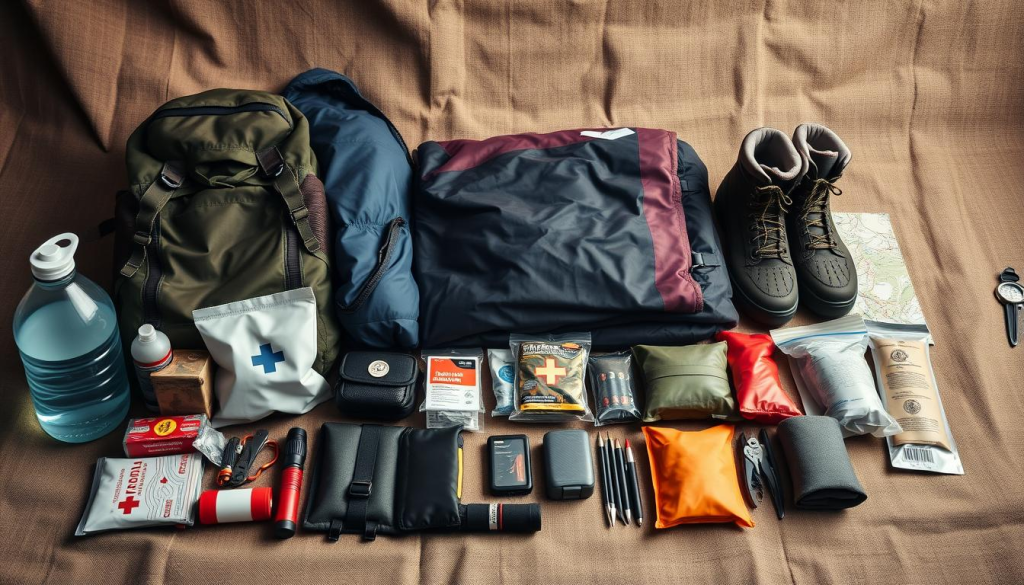 A neatly arranged collection of essential bug-out bag items laid out on a rugged canvas backdrop. In the foreground, a sturdy backpack, water bottle, and first-aid kit sit alongside a multi-tool, flashlight, and fire-starting kit. In the middle ground, a sleeping bag, emergency blanket, and mess kit create a sense of preparedness. The background features hiking boots, a compass, and a map, conveying a sense of adventure and survival. The lighting is natural and diffused, creating a muted, earthy tone that evokes a feeling of self-reliance and rugged functionality.