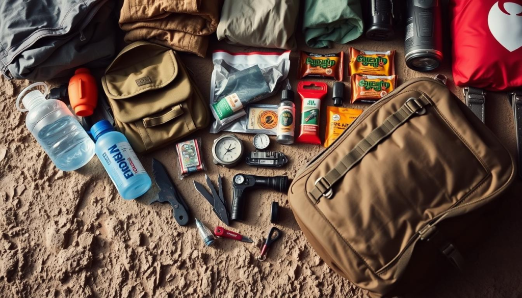 A neatly arranged collection of essential survival gear for a bug-out bag, illuminated by soft, natural lighting and captured from a high angle. In the foreground, a sturdy backpack, a water bottle, and a multi-tool lie on a rugged, textured surface. In the middle ground, a first-aid kit, a compass, and a flashlight are carefully displayed. The background features an array of emergency blankets, energy bars, and a tactical knife, all set against a muted, earthy color palette. The overall composition conveys a sense of preparedness and practicality, reflecting the needs of a beginner prepper.